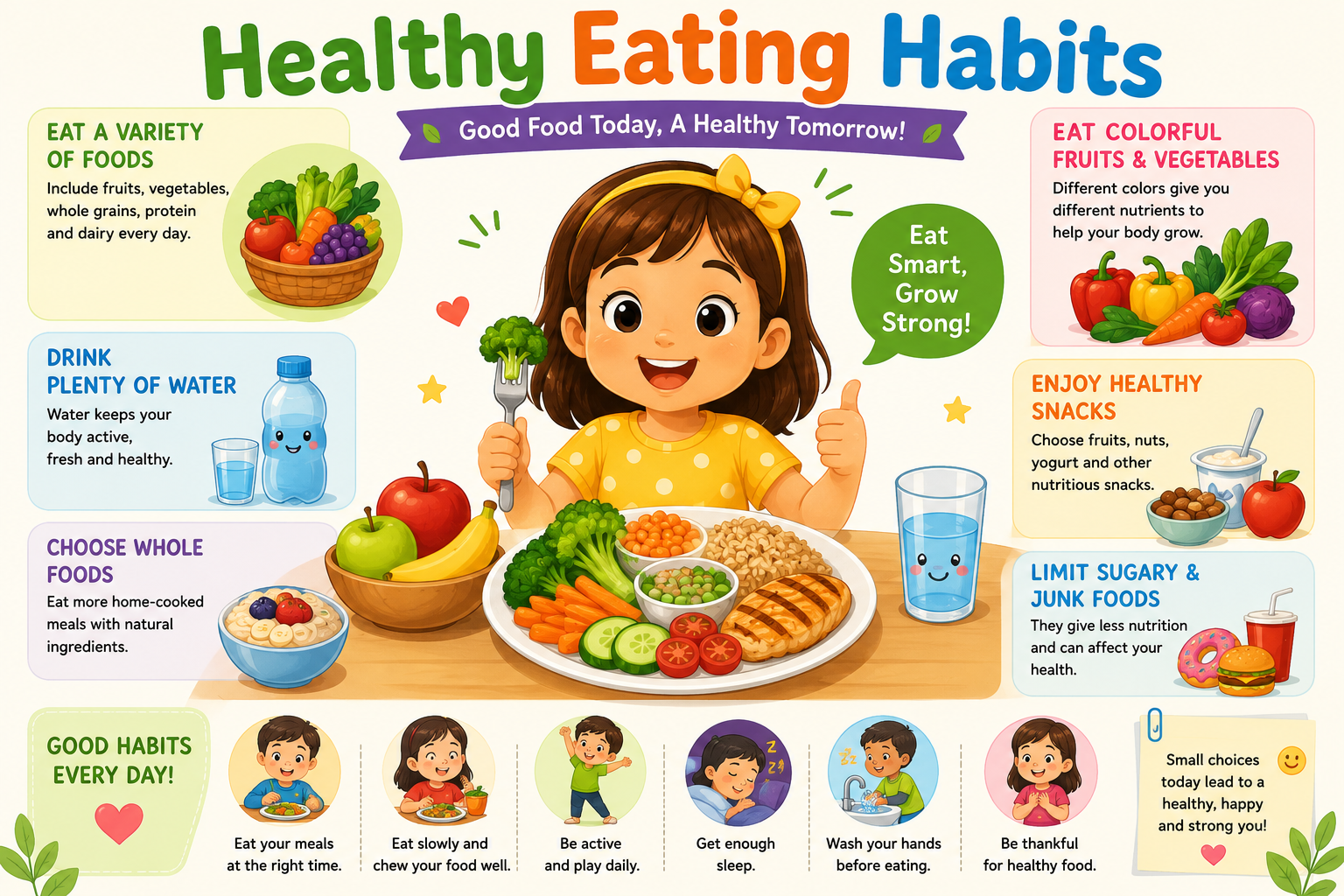 Healthy Eating Habits chart — variety of foods, water, whole foods, colorful fruits and vegetables, healthy snacks, and good daily habits