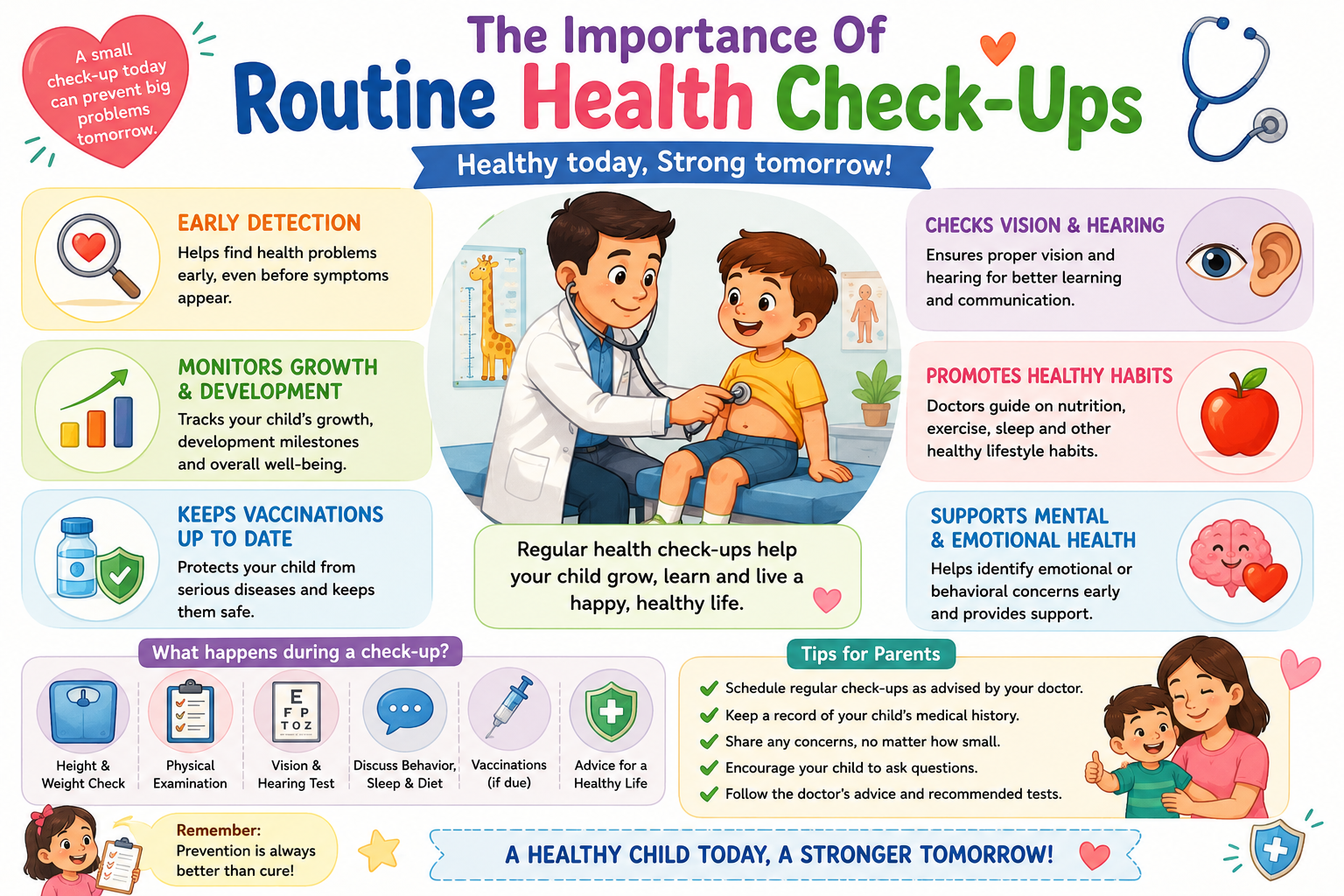 The Importance of Routine Health Check-Ups for Children — early detection, growth monitoring, vision and hearing checks, healthy habits, vaccinations, and mental-emotional health
