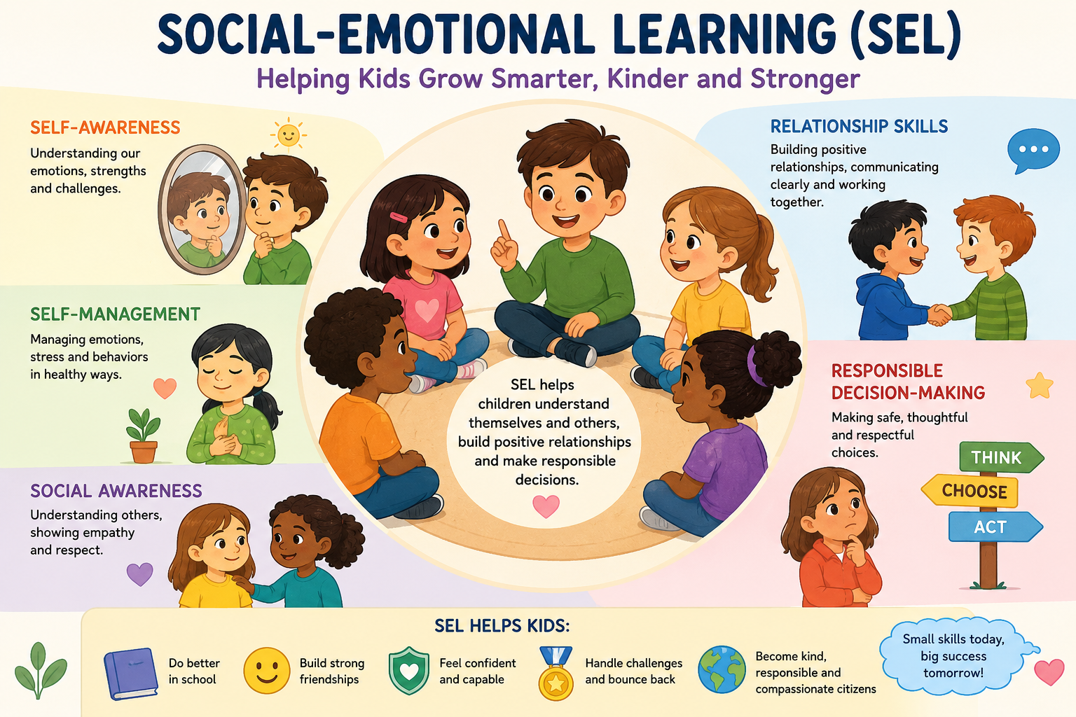 Social-Emotional Learning (SEL): Helping Kids Grow Smarter, Kinder and Stronger — self-awareness, self-management, social awareness, relationship skills, responsible decision-making